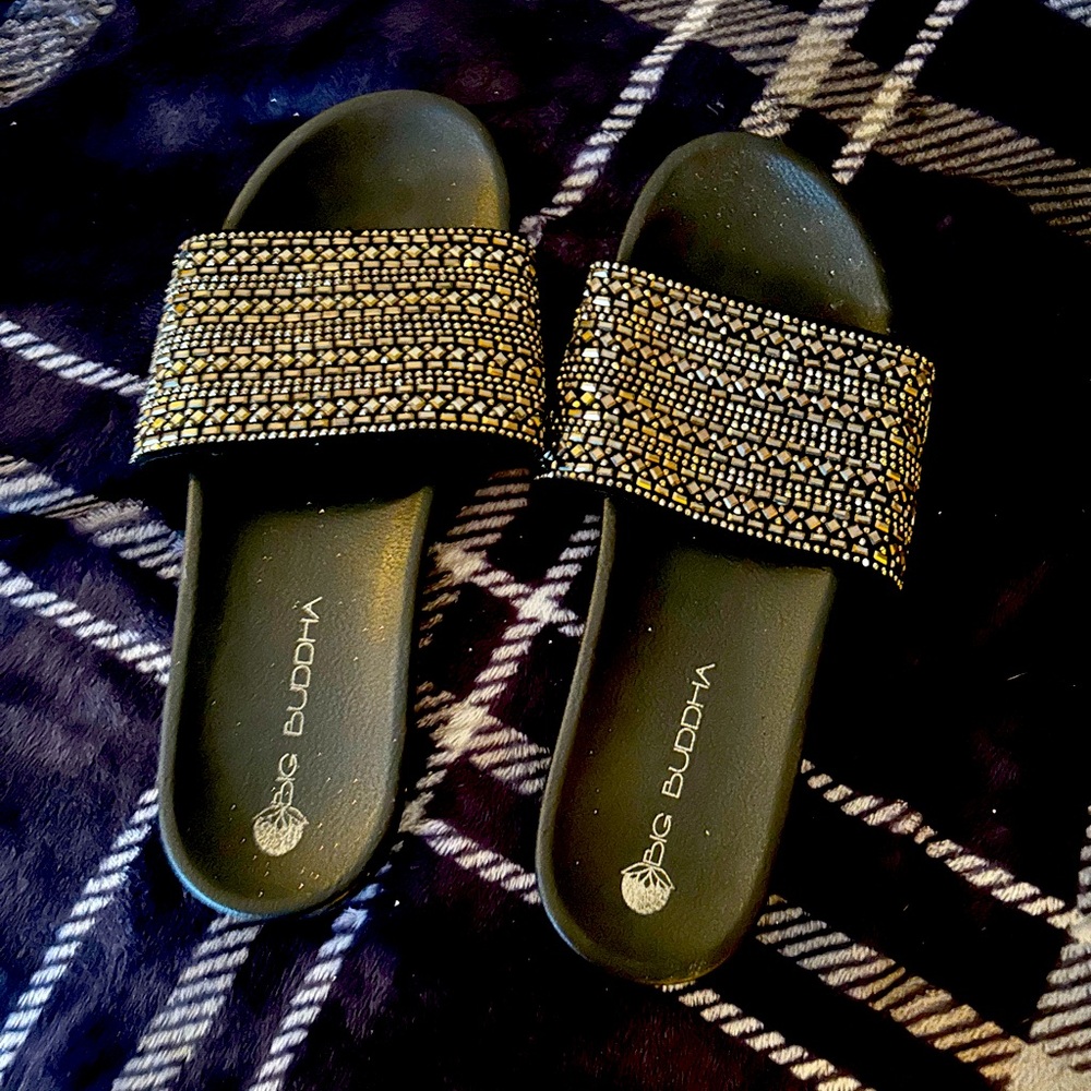 Big Buddha Black Slide Sandals with Studded Strap